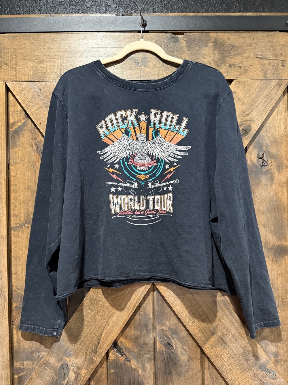 Rock&Roll Denim Black Cropped Graphic Sweatshirt